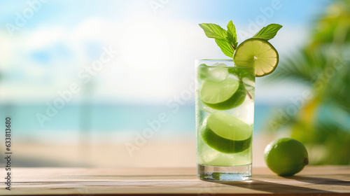 Fresh cold mojito cocktail glass with lime in a wooden table top, blurred tropical beach background