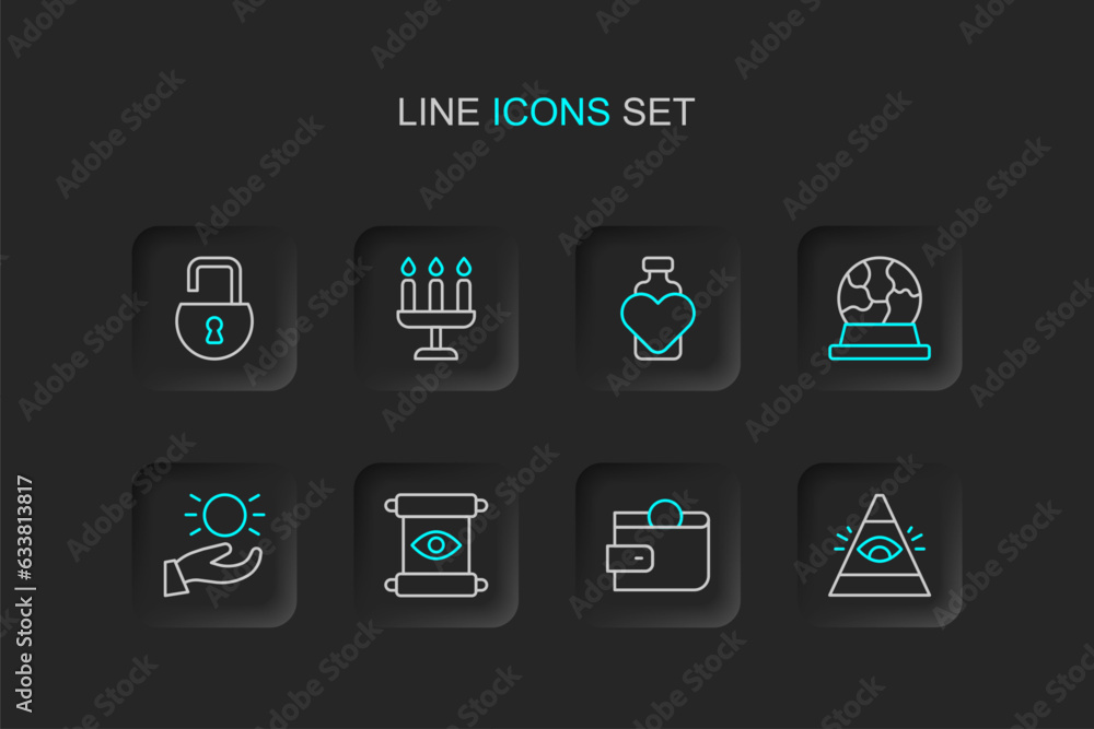 Set line All-seeing eye of God, Wallet, Magic scroll, Ball levitating above hand, ball, Bottle with love potion, Candlestick and Open padlock icon. Vector Set line All-seeing eye of God, Wallet, Magic scroll, Ball levitating above hand, ball, Bottle with love potion, Candlestick and Open padlock icon. Vector