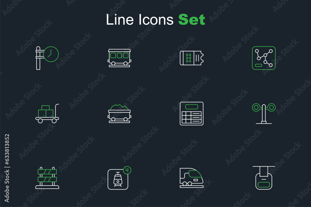 Set line Cable car, High-speed train, Online ticket booking, End of railway tracks, Train traffic light, station board, Coal wagon and Trolley suitcase icon. Vector