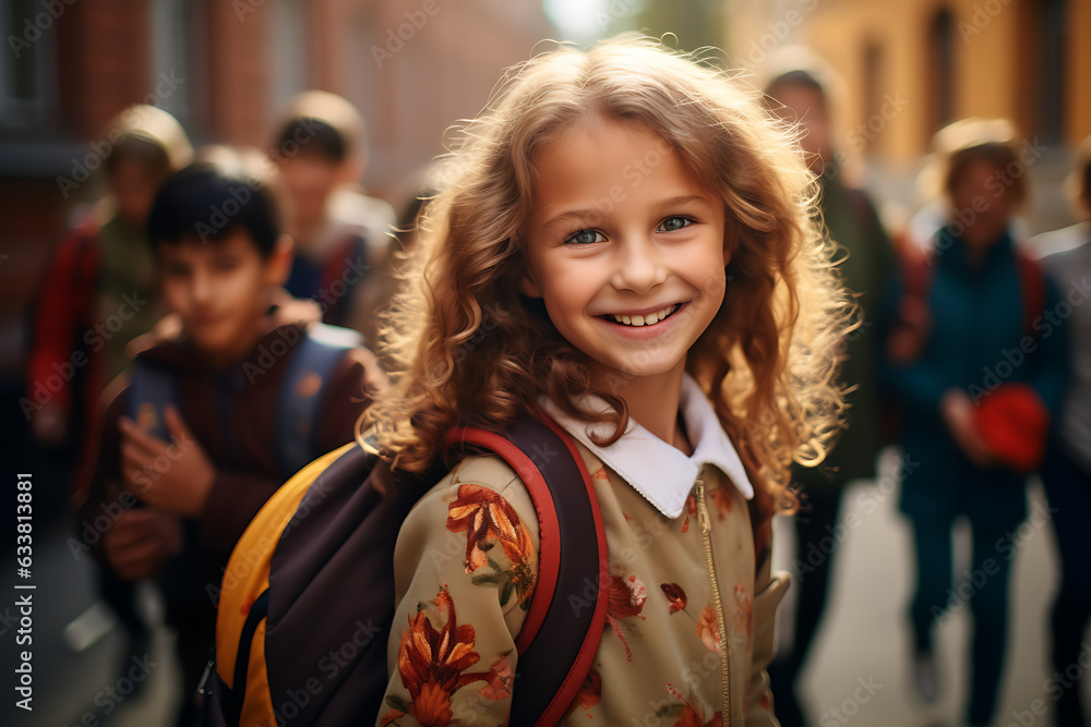 Very happy girl waiting at the school entrance. Kid that is ready for back to school. 