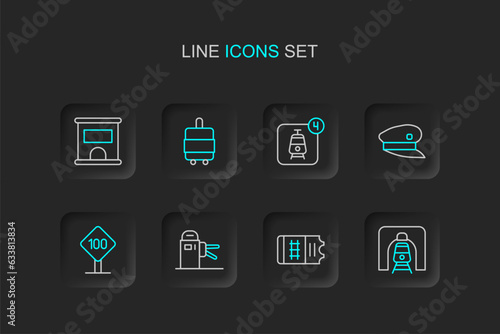 Set line Train in railway tunnel, ticket, Turnstile, Speed limit traffic sign 100 km, driver hat, Online booking, Suitcase and Ticket office to buy tickets icon. Vector © Iryna
