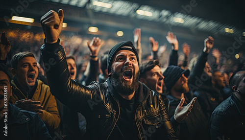facial expression while cheering on important football matches in a large and famous football stadium.