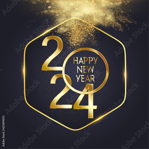 card or banner to wish a happy 2024 in gold in a circle and a gold-colored hexagon on a black background with a cloud of gold glitter above