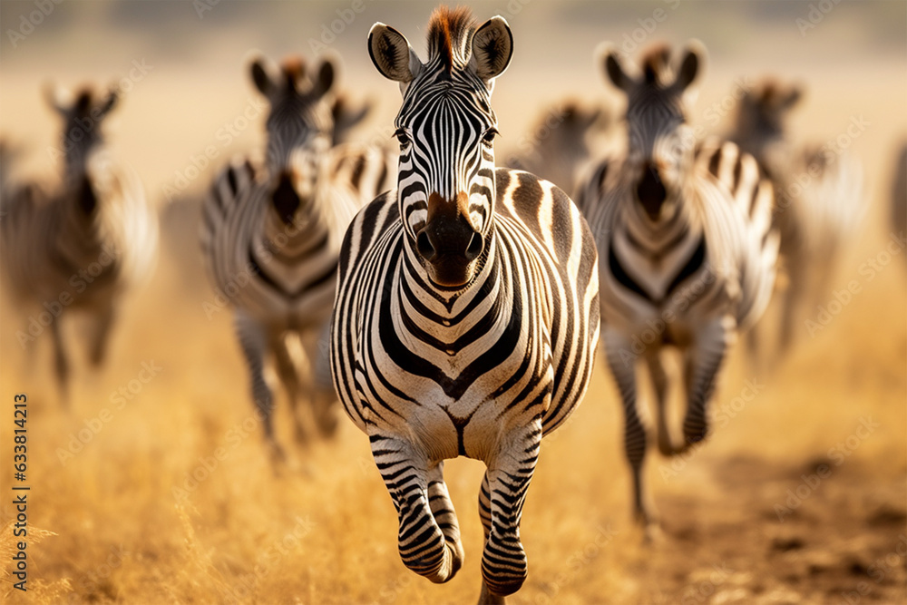 zebra running on savanna kenya tanzania national - obrazy, fototapety, plakaty 