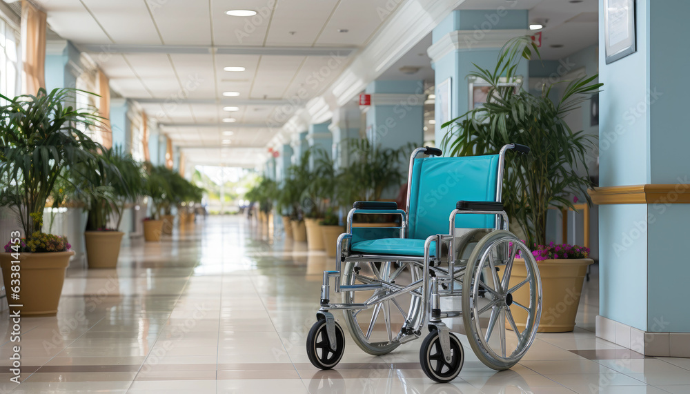 empty wheelchair standing in white hospital hallway.