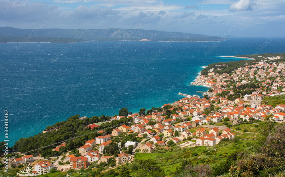 A view of the waterfront of Bol town on Brac Island, Croatia. Taken from the hills overlooking the town