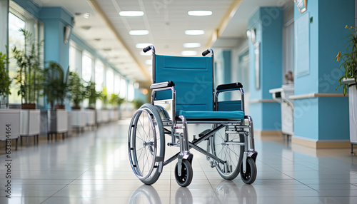 empty wheelchair standing in white hospital hallway.