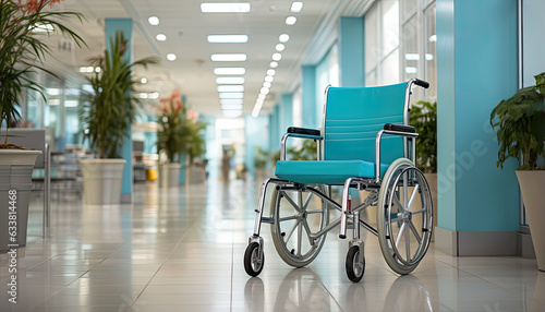 empty wheelchair standing in white hospital hallway.