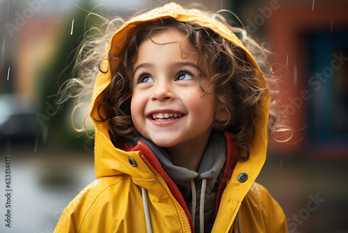 portrait of a little girl in autumn, Very happy 4 year old todler girl waiting at the school entrance in the rain. 