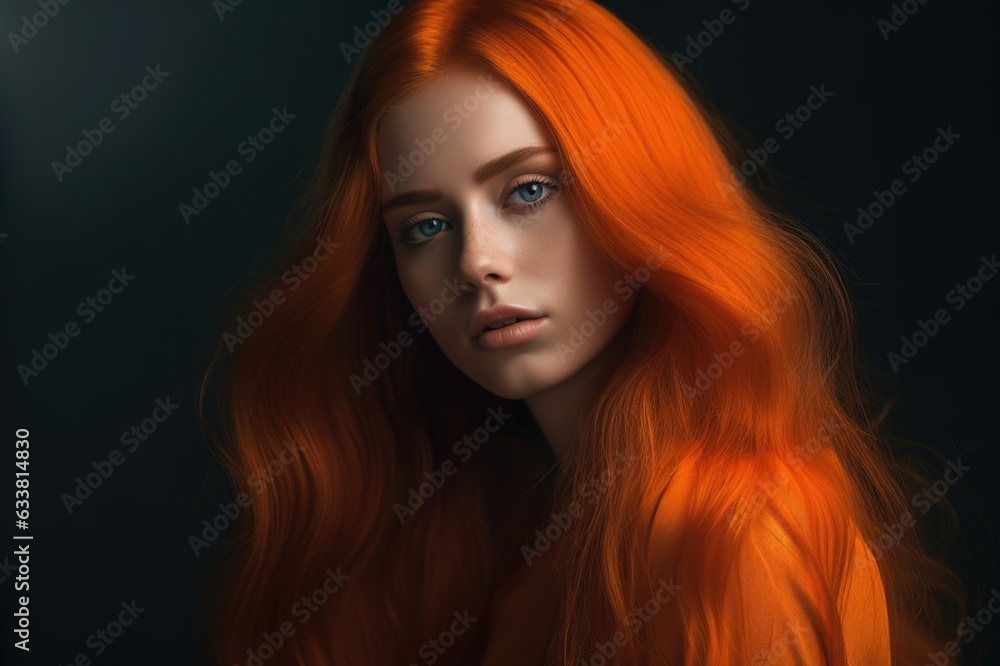 Young, red-haired model with red hair. A beautiful model with a long, thick, hairdo. generative ai Young, red-haired model with red hair. A beautiful model with a long, thick, hairdo. generative ai