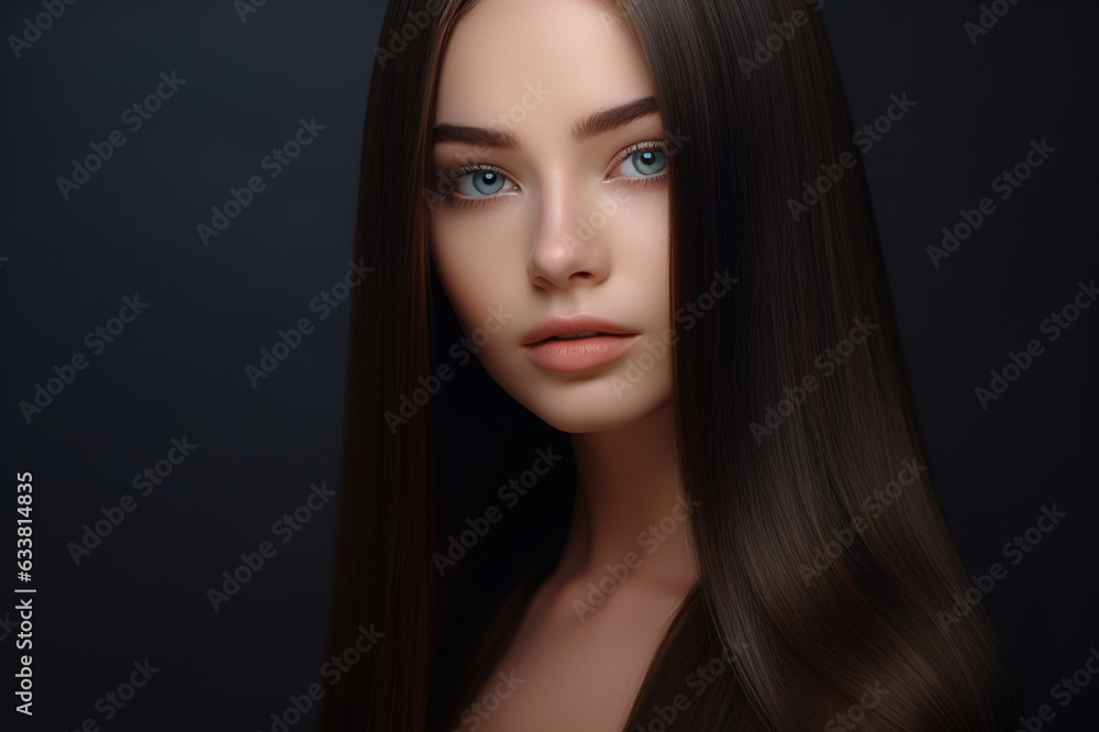 Long beautiful hair. Portrait of a woman on a brown background with shiny hair. Keratin hair straightening. Generative AI Long beautiful hair. Portrait of a woman on a brown background with shiny hair. Keratin hair straightening. Generative AI