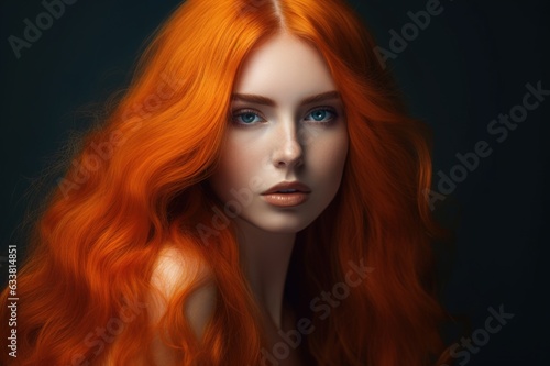 Young  red-haired model with red hair. A beautiful model with a long  thick  hairdo. generative ai