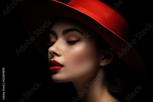 An elegant portrait of a woman hidden by a black hat. model with red lips and eye makeup on a dark background. Generative AI photo