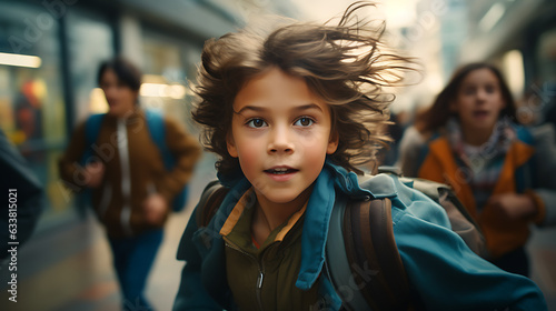 portrait of kids running in the hallway of school. 
