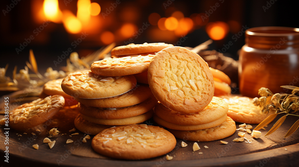 traditional cookies with raisins on a wooden table.