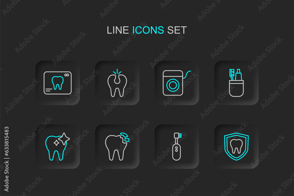 Set line Dental protection, Electric toothbrush, Broken, Tooth whitening, Toothbrush and toothpaste, floss, and X-ray of icon. Vector Set line Dental protection, Electric toothbrush, Broken, Tooth whitening, Toothbrush and toothpaste, floss, and X-ray of icon. Vector