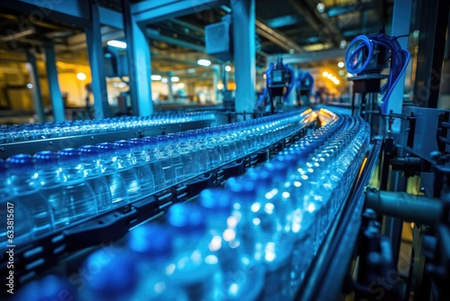 Process of beverage manufacturing on a conveyor belt at a factory.