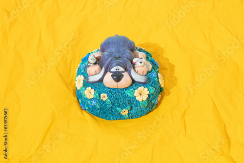 Concept of dog, bird and mouse, animal companionship, pet health, veterinary care, vocation in nature, pet safety. Yellow crepe paper background. Copy space.