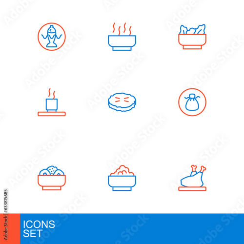 Set line Roasted turkey or chicken, Rice in bowl, Chow mein on plate, Wonton, Cup of tea, Homemade pie, and Ramen soup icon. Vector