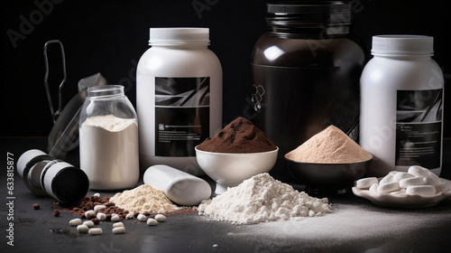 Sports nutrition supplements and chemistry for bodybuilding in gym.