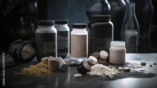 Sports nutrition supplements and chemistry for bodybuilding in gym.