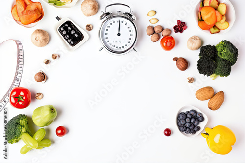 A clock surrounded by fruits and vegetables on a white background. Generative ai