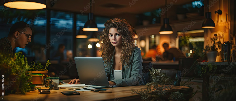 portrait of creative caucasian woman in casual wear working and present discussing with laptop and paper note on wood table in office