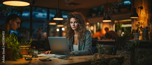 portrait of creative caucasian woman in casual wear working and present discussing with laptop and paper note on wood table in office