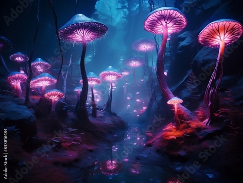 The fantasy of a neon forest glowing colorful like a fairytale generative ai © tanjidvect