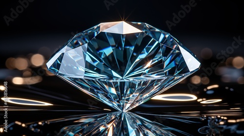  a very pretty blue diamond on a reflective surface with lights in the background.  generative ai