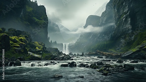  a river flowing through a lush green forest filled with rocks.  generative ai © Jevjenijs