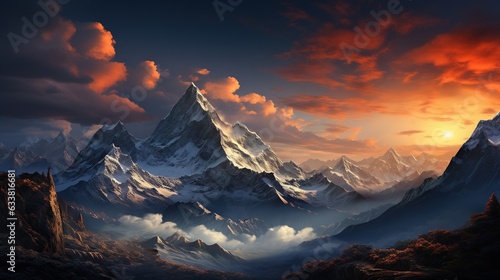  a painting of a mountain range with clouds in the sky.  generative ai © Jevjenijs