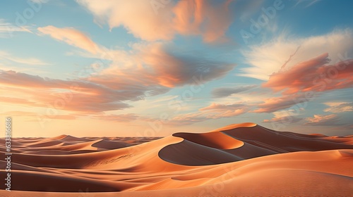  a desert landscape with sand dunes and a sky filled with clouds.  generative ai