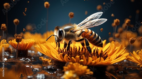  a bee is sitting on a flower in the middle of a field.  generative ai © Jevjenijs