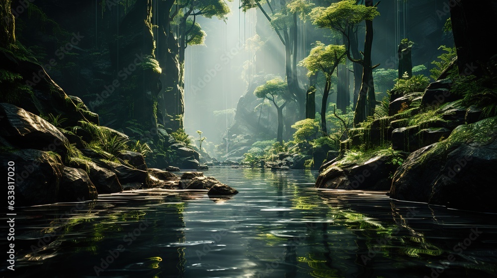 a river running through a lush green forest filled with trees. generative ai a river running through a lush green forest filled with trees. generative ai