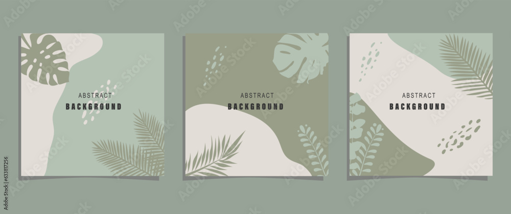 Vector set of abstract backgrounds with copy space. Banners, posters, cover design templates, social media stories wallpapers with leaves. Vector illustration