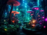 The fantasy of a neon forest glowing colorful like a fairytale generative ai