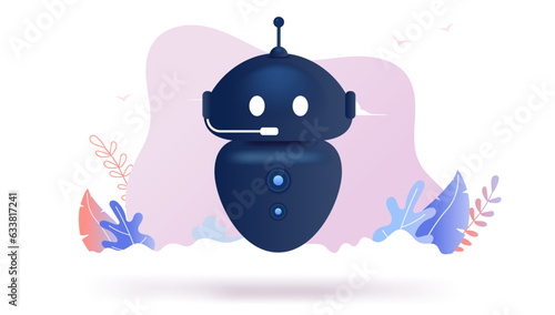 Chatbot character avatar - Black robot with microphone flying. Semi flat design on white background