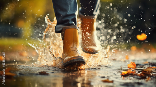 Print op canvas feet in rubber boots rain puddle, fun in the rain, lifestyle