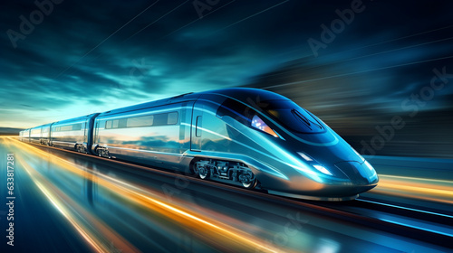 Modern high speed train moves fast along the platform © © Raymond Orton