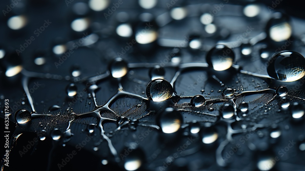  a close up of water droplets on a black surface with a black background.  generative ai