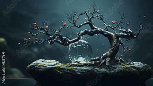  a bonsai tree in a dark room with water and rocks. generative ai