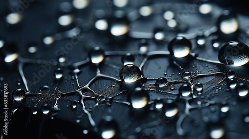  a close up of water droplets on a black surface with a black background.  generative ai © Jevjenijs