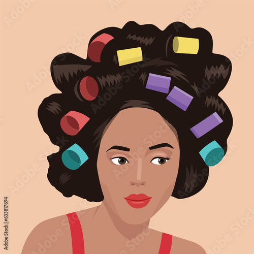 Young girl with curlers in hair.  Flat vector illustration isolated on white background