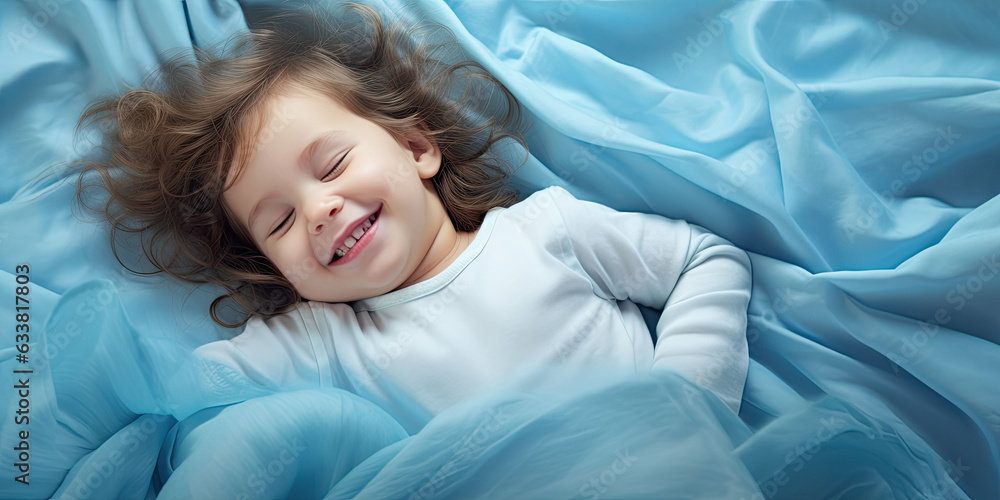 Smiling baby girl lying on a bed sleeping on blue sheets Smiling baby girl lying on a bed sleeping on blue sheets