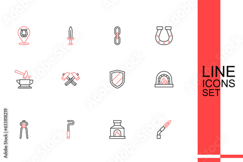 Set line Welding torch  Blacksmith oven  Fire poker  pliers tool  Shield  Crossed hammer and Anvil and icon. Vector