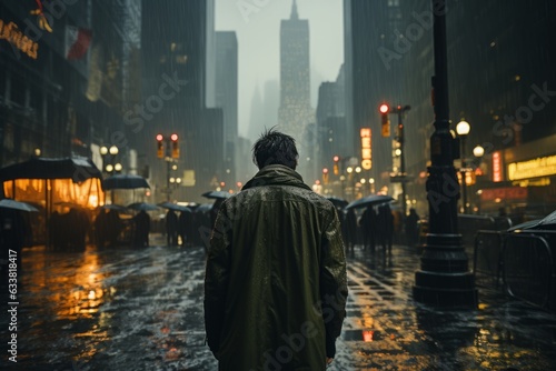 On rain-soaked city streets that reflect a myriad of city lights, a solitary figure moves, grappling with a deep melancholy, in a cinematic moment of urban introspection.