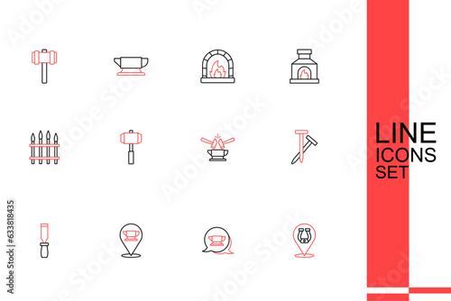 Set line Horseshoe, Blacksmith anvil tool, Rasp metal file, Metallic nails, Anvil and hammer, Sledgehammer and Classic iron fence icon. Vector