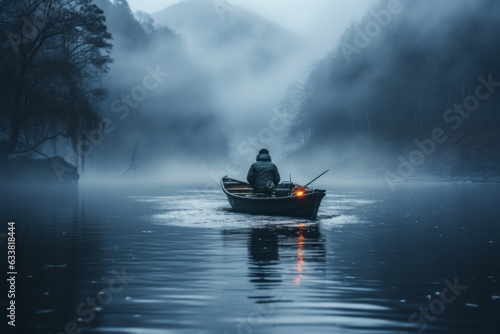 In the hushed stillness of dawn, a solitary fisherman emerges from the mist, casting his line into the serene waters. A cinematic tableau of solitude and reflection.