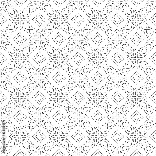 White background with black Dashes lines. Plain background with  simpe pattern. Black and white color. Abstract background for web page, textures, card, poster, fabric, textile. © t2k4